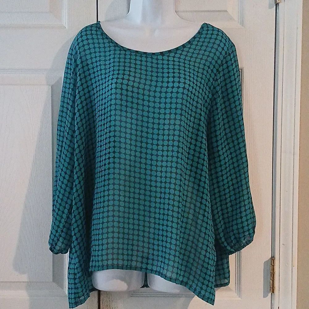 Bongo Plus teal & black polka dot blouse bow accent in back Sz 2X NWOT